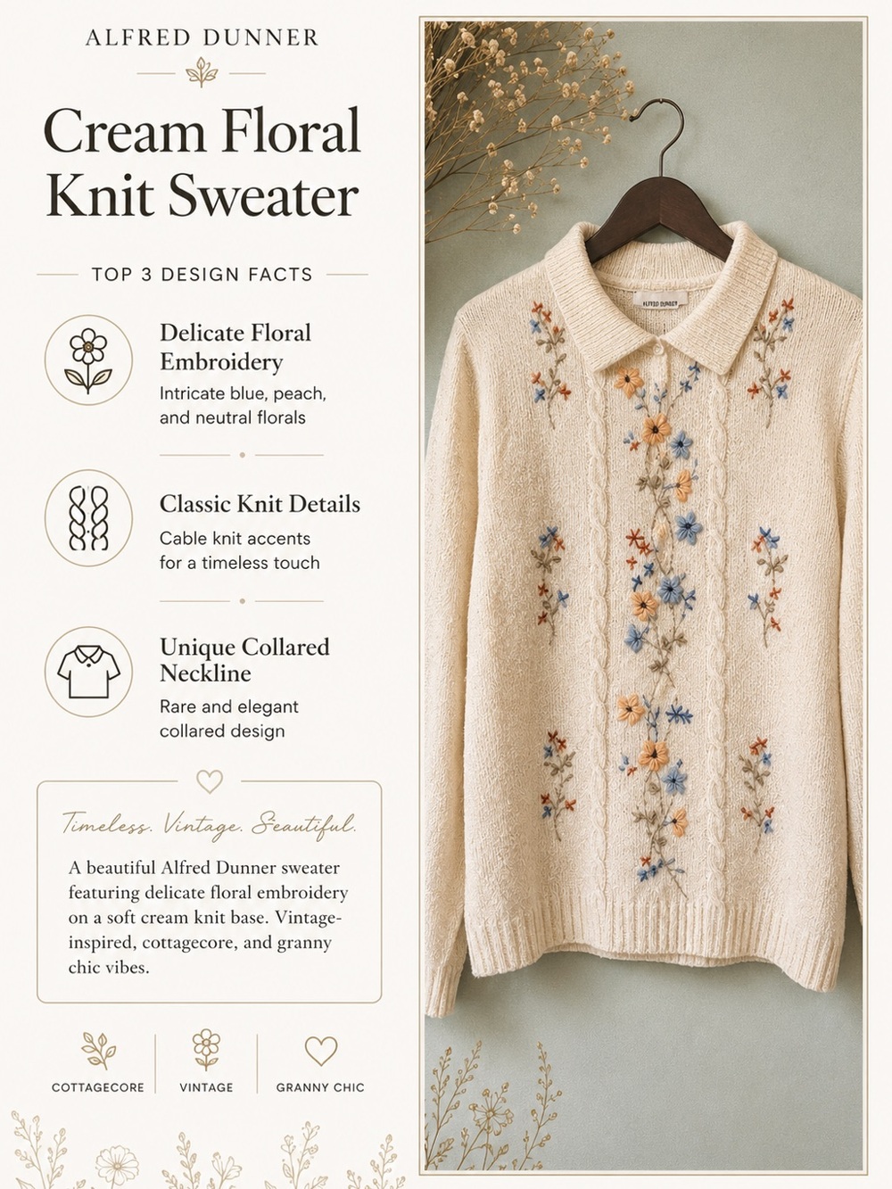 Alfred Dunner Cream Floral Knit Sweater